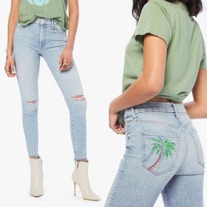 MOTHER Light Wash High Rise Skinny Jeans with Palm Embroidery